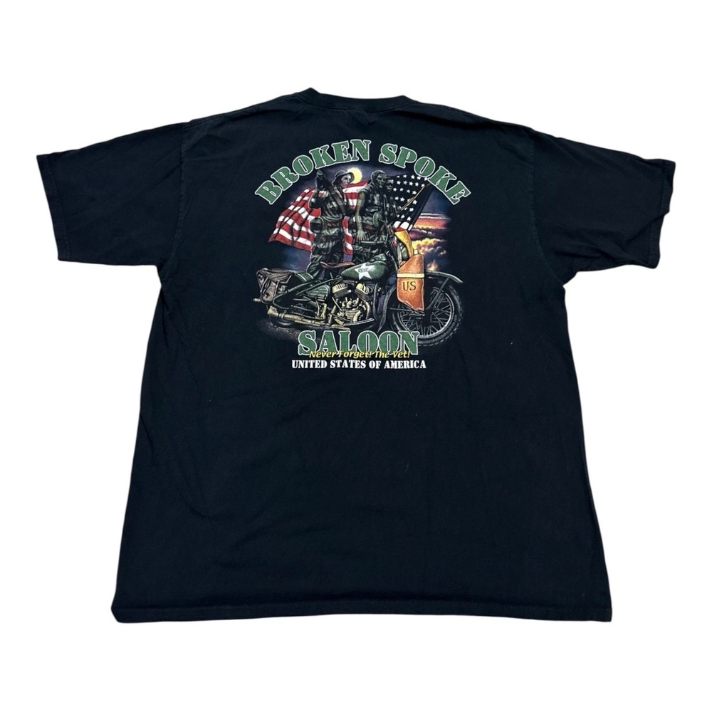 Motorcycle T Shirt 2XL Black Broken Spoke Saloon US Veteran Biker Rare Print